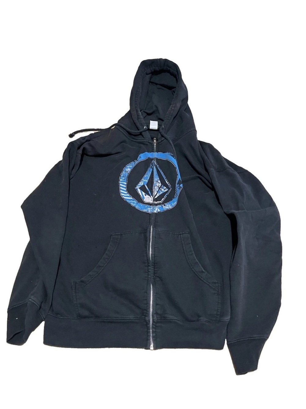 Volcom Y2K Jacket Men's Black Hooded Logo Heavy Full Zip Pockets Sz L Distressed